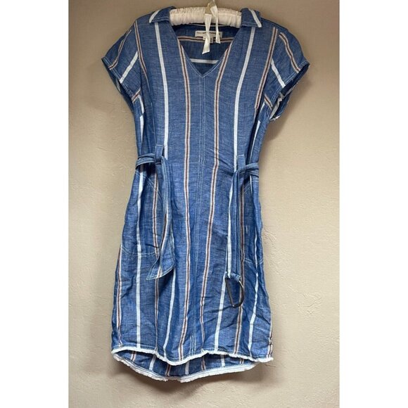 Anthropologie Dresses & Skirts - Pilcro by Anthropologie V-Neck Striped Belted Shift Dress Short Sleeve Sz 2 Blue